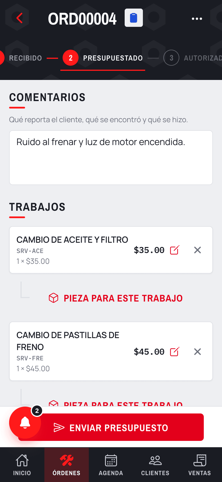 MecaDiario en un teléfono: la orden de trabajo con sus etapas